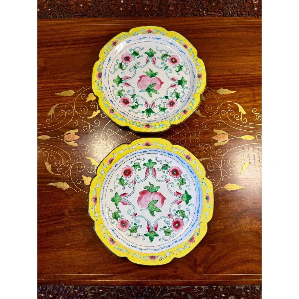 Pair Vintage Chinese Canton Enamel Copper Plates Peach Floral 6